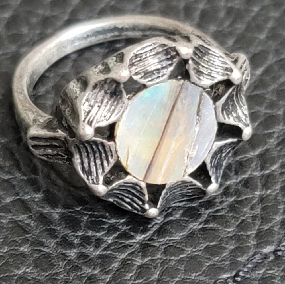 Irridescent Shell & Silvertone Ring, Antique Inspired - Size 7